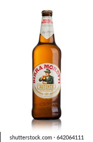 LONDON, UK - MAY 15, 2017: Bottle Of Birra Moretti Beer On White Background, Italian Brewing Company, Founded In Udine In 1859 By Luigi Moretti