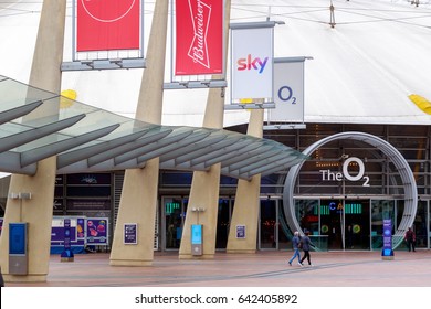 London, UK - May 15, 2017 - Peninsula Square leading to The O2 Arena entrance, a large entertainment venue on the Greenwich peninsula