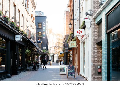 London, UK - May 15, 2019: Shopping Street In Carnaby Area In Soho With Sun Flare On Background