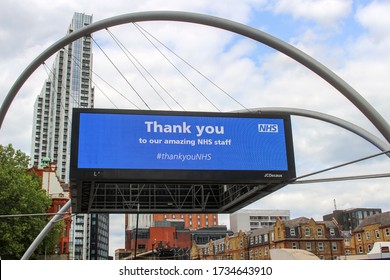 London / UK - May 16 2020: Thank You NHS Digital Screen On A Advertisement Billboard Above Old Street Roundabout During Covid 19 Lockdown