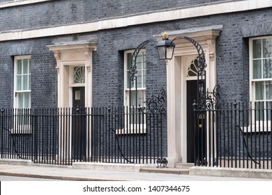 London UK, May 2019. Exterior of 10 Downing Street, official residence and office of the Prime Minister of the UK. The address is known as Number 10.