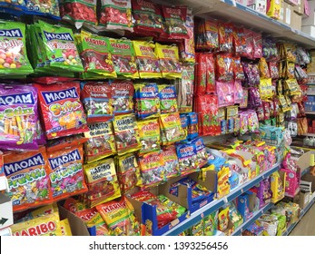 London, UK - May 2019: Supermarket Aisle Of Bagged Sweets And Candy, Haribo, Maoam