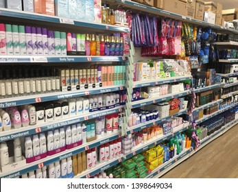 London, UK - May 2019: Supermarket Aisle Shelf Of Bathroom And Beauty Products