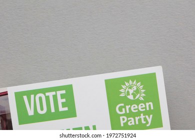 LONDON, UK - May 2021: Green Party Political Party Logo On Campaign Literature