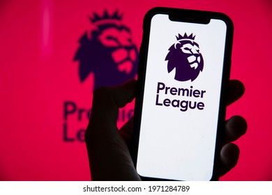 LONDON, UK - May 2021: Premier league football logo on a smartphone screen