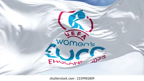 London, UK, May 2022: The flag of the UEFA European Women’s Football Championship Euro 2022 flying in the wind. Women’s Euro 2022 will take place in England from 6 to 31 July