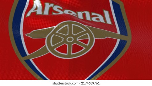 London, UK, May 2022: The Flag Of Arsenal Football Club Waving. Arsenal Is A Professional Football Club Based In Islington, London, England.