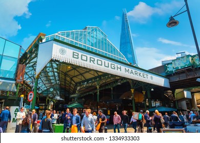 London, UK - May 23 2018: Unidentified people at Borough Market in Southwark, one of the largest and oldest food markets in London, today the market mainly sells speciality foods to the public