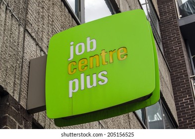 LONDON, UK - MAY 24, 2014:  Sign Outside A Government-run Job Centre Plus On Lambeth.  The Job Centre Aims To Encourage Unemployed People To Find Work And Cease Claiming Benefits.