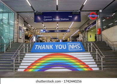 London / UK - May 27 2020: Thank You NHS Sign On The Staircase At Cannon Street Station In The City Of London During Covid19 Lockdown