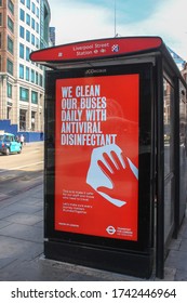 London / UK - May 27 2020: Coronavirus Bus Shelter Posters - 'we Clean Our Buses Daily With Antiviral Disinfectant'