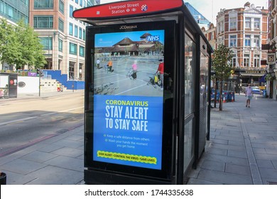 London / UK - May 27 2020: Coronavirus Bus Shelter Posters - Stay Safe And Stay Alert