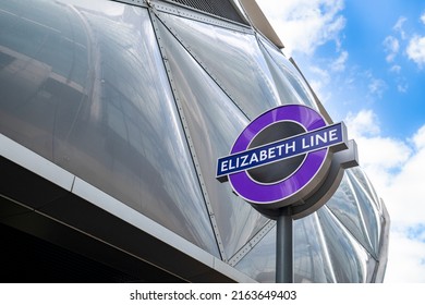 London, UK - May 28, 2022: wayfinding sign, Transport for London Crossrail, Elizabeth Line
