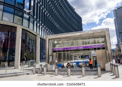 London, UK - May 28 2022: New Elizabeth Line Train And Crossrail Station Entrance, Liverpool Street, Bishopsgate, City Of London