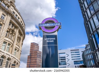 London, UK - May 28 2022: New Elizabeth Line Train And Crossrail Station Entrance, Liverpool Street, Bishopsgate, City Of London