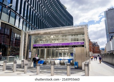 London, UK - May 28 2022: New Elizabeth Line Train And Crossrail Station Entrance, Liverpool Street, Bishopsgate, City Of London