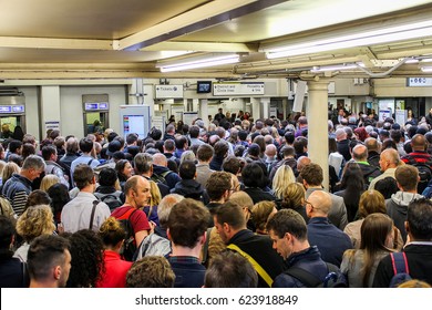 London, UK - May 29 2015: A Lot Of People Entering London Underground At Rush Hour