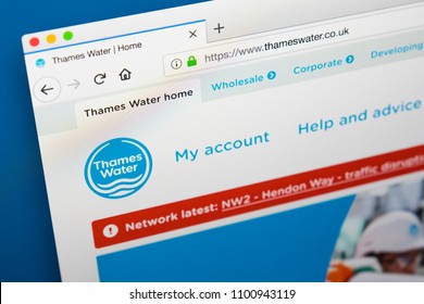 LONDON, UK - MAY 29TH 2018: The Homepage Of The Website For Thames Water - The Private Utility Company, On 29th May 2018.