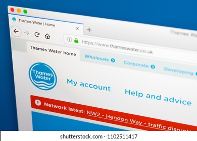 LONDON, UK - MAY 29TH 2018: The Homepage Of The Website For Thames Water - The Private Utility Company, On 29th May 2018.