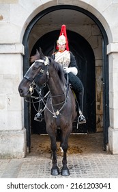 London, UK- May 3, 2022: The Life Guards on horseback outside Horse Guards Parade in London