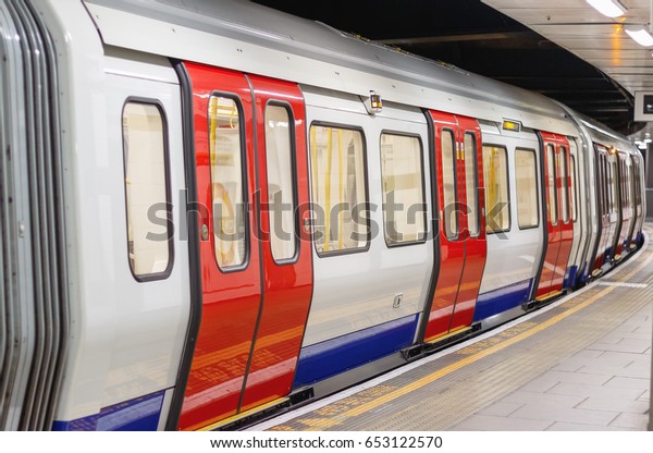 London, UK - May 30, 2017 - London\
underground train carriage waiting to depart at\
platform