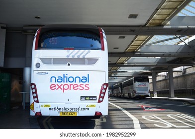 London, UK - May 31 2021:  Close Up Of National Express Bus In Victoria Coach Station