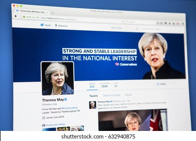 LONDON, UK - MAY 3RD 2017: The official twitter page for Theresa May - British Prime Minister and Conservative Party leader, on 3rd May 2017.