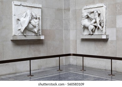 LONDON, UK - MAY 5, 2014: British Museum Exhibition Hall. Ancient Greek Collection Of Pantheon