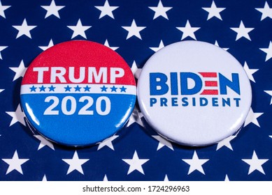 London, UK - May 5th 2020: Donald Trump And Joe Biden Pin Badges, Pictured Of The USA Flag.  The Two Men Will Be Battling Eachother In The 2020 US Presidential Election.