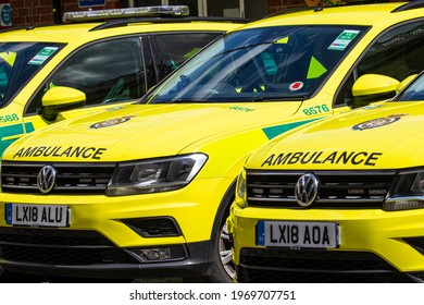 London, UK - May 7th 2021: A Row Of Emergency Ambulance Vehicles In Central London, UK.