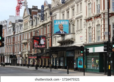 London / UK - May 8 2020: Empty Central London Shaftesbury Avenue And Theatres Taken During Covid 19 Lockdown