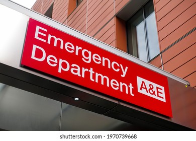 London UK, May 9th 2021:The Royal London Hospital, Emergency department A and E sign board. Royal London Hospital is a large teaching hospital in Whitechapel in the London Borough of Tower Hamlets. 