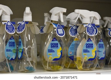 London, UK. Nov 7 2021. Refillable Eco Environmentally Friendly Household Cleaning Products For Sale On A Super Market Grocery Store Shelf.