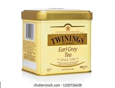LONDON, UK - NOVEMBER 01, 2018: Steel jar box of Twinings Earl grey loose tea on white.