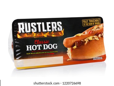 LONDON, UK - NOVEMBER 01, 2018: Pack Of Rustlers Classic Hot Dog With Ketchup And Mustard On White