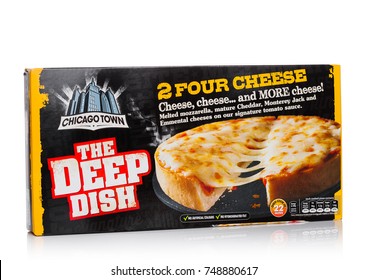 LONDON, UK - NOVEMBER 03, 2017: Box Of Chicago Town Deep Dish Pepperoni Pizza On White Background.