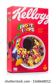 LONDON, UK - NOVEMBER 10, 2019: Box Of Kellogg's Fruit Loops Cereal On White.