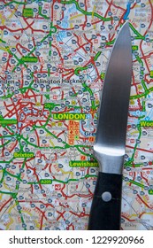 LONDON, UK - NOVEMBER 14th 2018: A Knife On A Map Of London, England. Knife Crime In London Concept