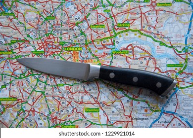 LONDON, UK - NOVEMBER 14th 2018: A Knife On A Map Of London, England. Knife Crime In London Concept