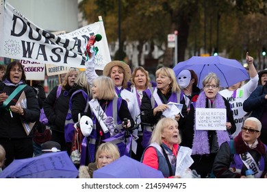 London, UK. November 14th, 2019. Waspi Women Protesters Seen Dressed In Purple At A Protest In London.