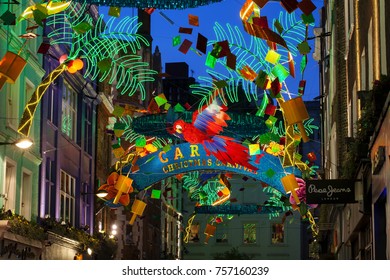 LONDON, UK - November 17th, 2017: Christmas Lights On Carnaby Street; Seasonal Lights Are Being Displayed Over Busy Shopping Area Of Central London.