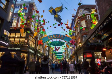 LONDON, UK - November 17th, 2017: Christmas Lights On Carnaby Street; Seasonal Lights Are Being Displayed Over Busy Shopping Area Of Central London.