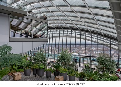 LONDON, UK - NOVEMBER 18, 2021 : Sky Garden Famous Rooftop Bar And Restaurant With A Modern Architecture Glass Design In The City Of London.