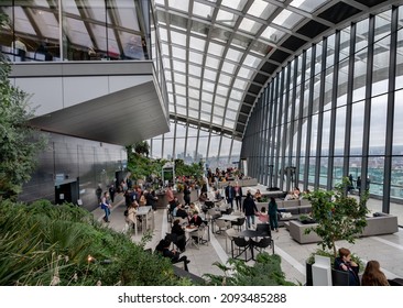 LONDON, UK - NOVEMBER 18, 2021 : Sky Garden Famous Rooftop Bar And Restaurant With A Modern Architecture Glass Design In The City Of London.