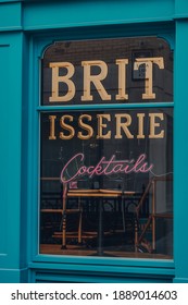 London, UK - November 19, 2020: Close Up Britisserie Sign On A Window Of Closed Epic Pies, A Traditional Pie Shop On Addle Hills In St. Pauls Industrial Chic Surrounds.