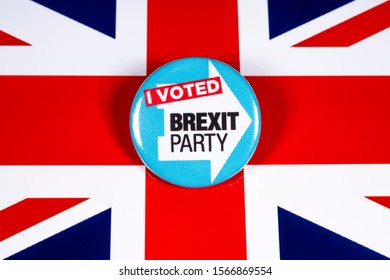 London, UK - November 21st 2019: An I Voted Brexit Party Badge, Pictured Over The United Kingdom Flag. 