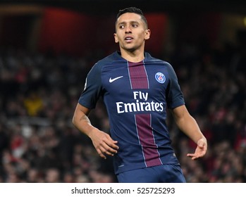 LONDON, UK - NOVEMBER 23, 2016: Marquinhos pictured during the UEFA Champions League Group A game between Arsenal FC and Paris Saint Germain on Emirates Stadium.