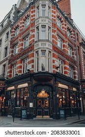 London, UK - November 23, 2021: Exterior Of The Leicester Arms Pub, A Victorian Pub In Soho, A Famous Area Of London With Numerous Shops, Bars And Restaurants.