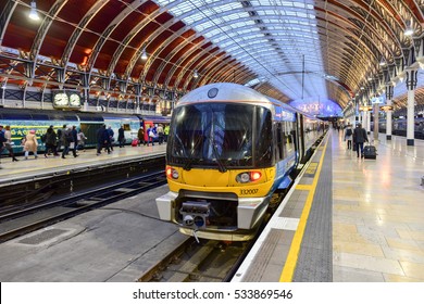 London, UK - November 24, 2016: Heathrow Express Train to Paddington Station in London, United Kingdom.
