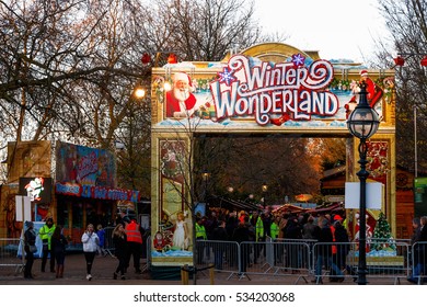 London, UK - November 25, 2016 - Crowd at the entrance of Winter Wonderland, a Christmas fair in Hyde Park